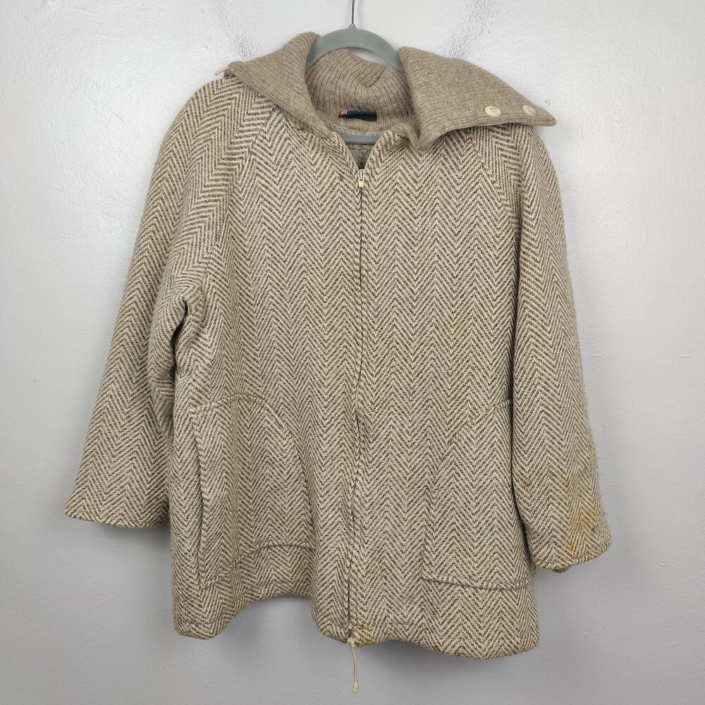 Landau Icelandic Wool Sweater Womens‎ Large Tan Herringbone Full Zip Funnel Neck